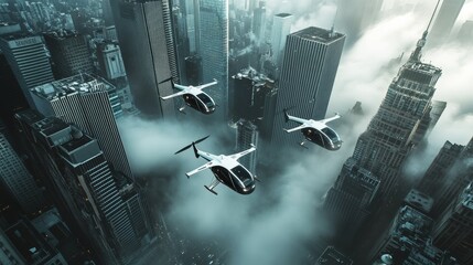 Electric air taxis flying through a dense cityscape on a cloudy day. Featuring green technology and urban innovation