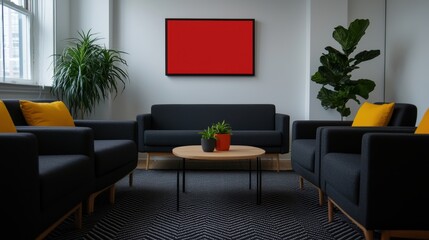 Modern office space with sustainable design featuring comfortable seating, plants, and vibrant decor