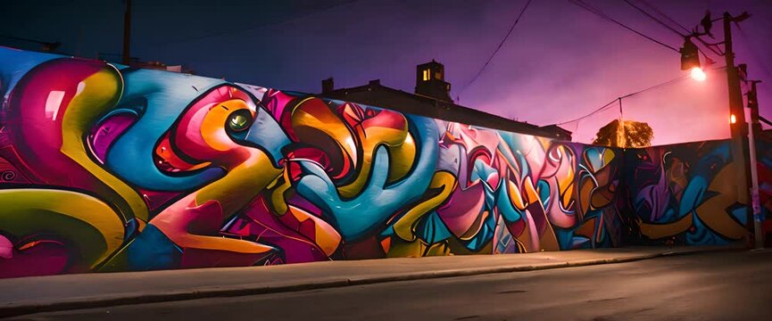 The street walls are covered with beautiful, colorful graffiti paintings at night, illuminated by soft, glowing streetlights