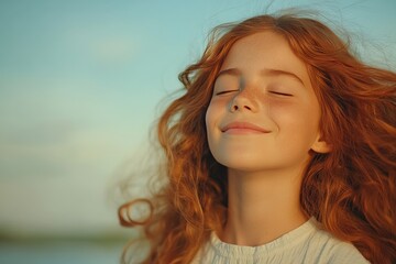 Joyful Red-haired Girl Enjoying Sunshine with Freckles Against Blue Sky