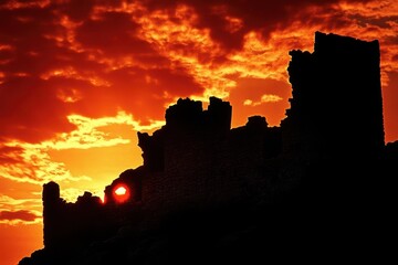 Fototapeta premium austere fortress silhouette against a fiery orange sunset, crumbling stone walls, minimalist design, evoking history and resilience, stark yet striking composition.