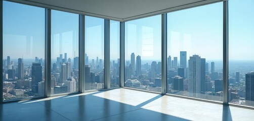 Corner office interior with large windows overlooking city skyline. Empty modern room, contemporary architecture, blue sky. Business apartment design with panoramic cityscape view, nobody inside.