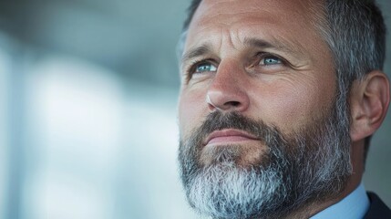 Focused businessman gazing upward in modern office setting. Potential use Stock photo