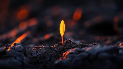 Green Plant Emerges from Dark Soil in Glowing Sunset Scene