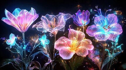 Glowing bioluminescent flowers illuminating the nightscape with vibrant radiant energy  Ethereal luminous petals emitting a mesmerizing otherworldly glow in the darkness