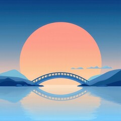 Obraz premium A bridge spans a river with a large, orange sun in the background