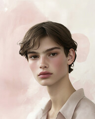 Close-up portrait of an androgynous young model posing against a light pink background, wearing soft pink clothing and displaying a serious expression that highlights their unique beauty