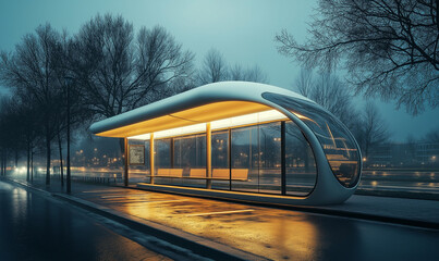 Obraz premium Futuristic bus stop showcasing intelligent AI system designs for innovative urban transportation and modern connectivity.