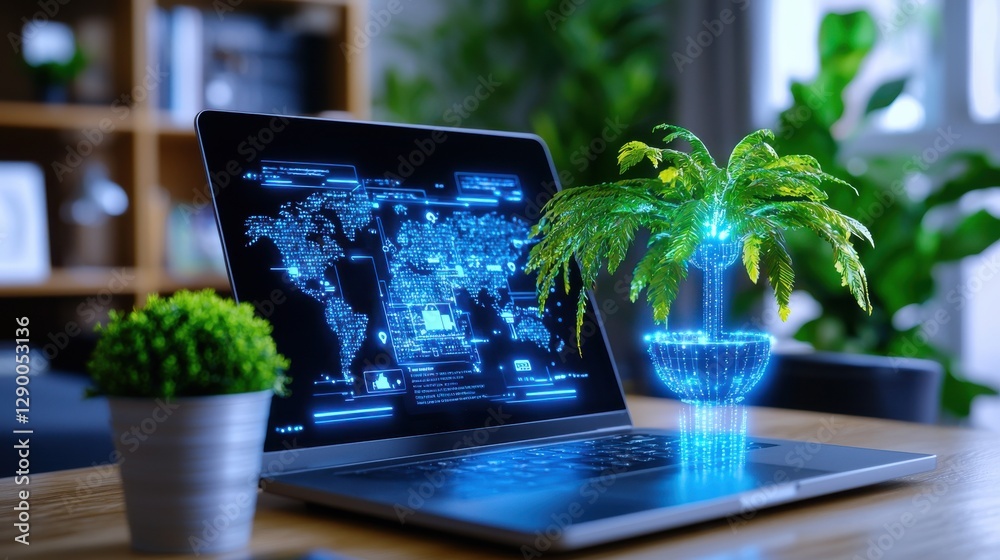 Poster futuristic digital workspace with laptop computer displaying global data and map surrounded by holog