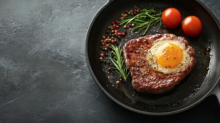 Deliciously Seared Steak with Perfectly Fried Egg in a Cast Iron Pan Evoking a Cozy Culinary Vibe