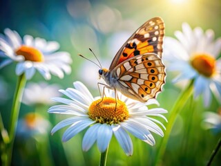 Macro photography reveals a butterfly's delicate dance among vibrant daisies, leaving ample copy space.