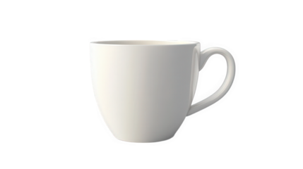 simple. elegant white ceramic mug with a rounded shape and a comfortable handle. designed for holding beverages such as coffee or tea its minimalist design emphasizes functionality and aesthetic appea
