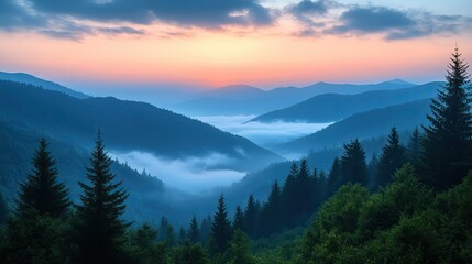 Fototapeta premium high hills landscape in the fog early dawn