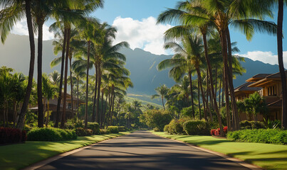 Obraz premium Vibrant Lush Green Road Winding Under Towering Palm Trees, Leading Adventurers to Tropical Serenity Escape
