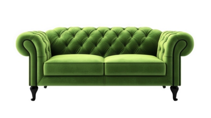 stylish green tufted sofa with a classic design. characterized by its plush fabric and elegant curved arms the sofa is set against a plain white background. emphasizing its vibrant color and luxurious