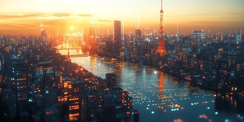 Obraz premium Tokyo skyline at sunset with illuminated buildings and river