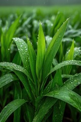 Obraz premium Fresh Green Corn Leaves with Dew Drops in a Vibrant Field During Rainy Weather