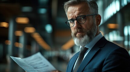 Thoughtful man with beard and glasses engrossed in reading paper