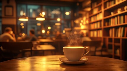Cozy Cup of Coffee on a Wooden Table Surrounded by Shelves of Books Creating a Warm Library Atmosphere