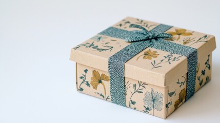 Obraz premium A gift box with floral pattern and ribbon on a white background. Concept of gift, present, birthday, celebration, and holiday.