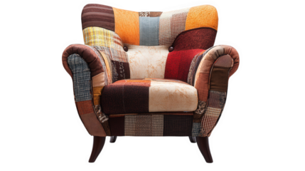 colorful. patchwork armchair with a blend of various fabrics and patterns. designed for comfort and style its unique design makes it a statement piece for any living space. inviting relaxation and con