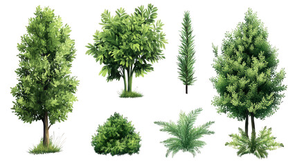 Fototapeta premium collection of various types of trees and shrubs. showcasing different shapes and sizes of foliage. including a tall conifer. broadleaf trees. and a bushy shrub this illustration serves as a graphic re