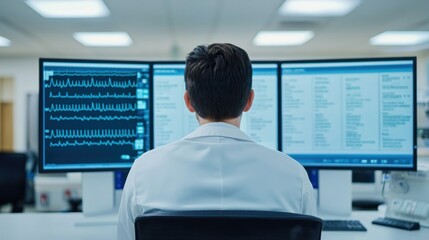 Patient health info sharing. Medical professional analyzing data on multiple screens in a modern workstation.