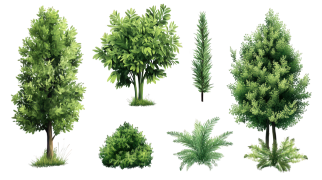 collection of various types of trees and shrubs. showcasing different shapes and sizes of foliage. including a tall conifer. broadleaf trees. and a bushy shrub this illustration serves as a graphic re