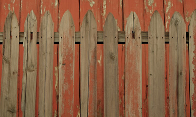 Rustic vintage wooden fence complemented by a charming rusty red barn in idyllic countryside setting.