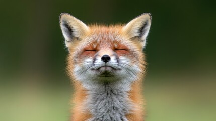 Fototapeta premium Peaceful Fox Portrait with Closed Eyes and Soft Fur Against a Green Background
