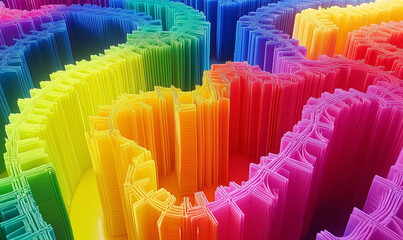 Obraz premium Innovative vibrant rainbow maze constructed entirely of 3D plastic blocks offers a playful, colorful adventure.