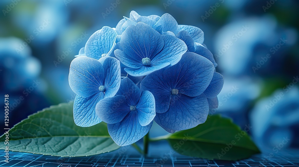 Aufkleber hydrangea flower design on a bluebackground with architectural blueprint elements symbolizing growth and innovation in technology engineering or architecture