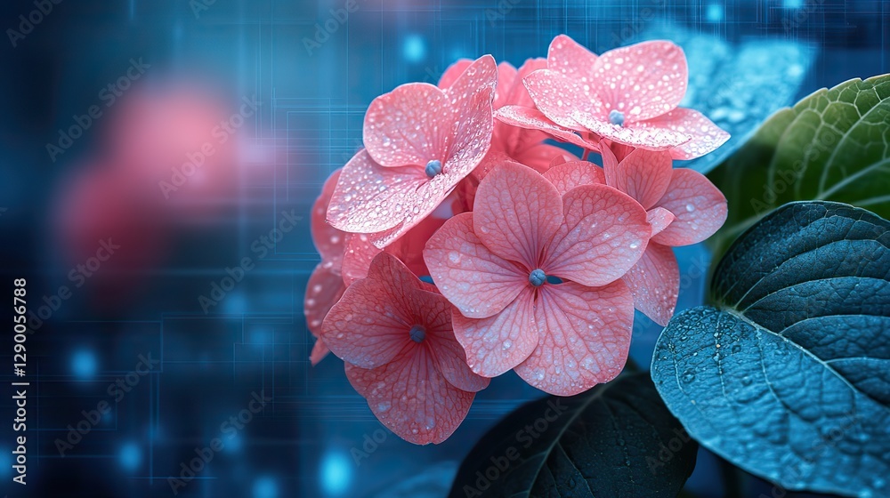Poster hydrangea flower design on a bluebackground with architectural blueprint elements symbolizing growth and innovation in technology engineering or architecture