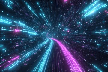 Fototapeta premium blazing crypto streams race through a digital void, neon violet coins and teal data trails pulsing against a starry black expanse, radiating speed and futuristic wealth.