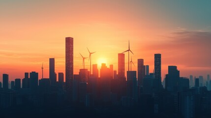 Fototapeta premium Futuristic city skyline at sunset with renewable energy wind turbines