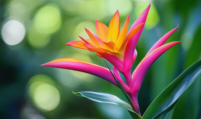 Obraz premium Vibrant tropical flower with pink and orange petals captivates amid lush exotic foliage with charm.