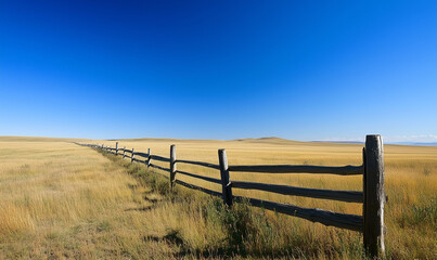 Fototapeta premium Rustic wooden fence stretching across a vast prairie, framing endless landscapes with timeless rural charm.