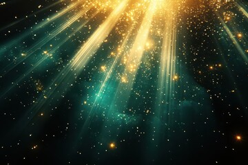 blazing lens flare bursts in golden and teal streaks across a velvety black void, radiating cinematic energy and cosmic mystery, with faint sparkles enhancing its dazzling allure.