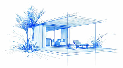 Elegant Architectural Sketch of Modern Outdoor Relaxation Space