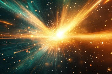 Obraz premium blazing lens flare bursts in golden and teal streaks across a velvety black void, radiating cinematic energy and cosmic mystery, with faint sparkles enhancing its dazzling allure.
