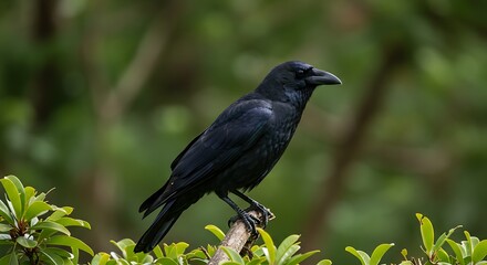 Fototapeta premium Majestic Black Crow Perched on Branch