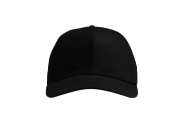 Black baseball cap with a white logo on the front, isolated