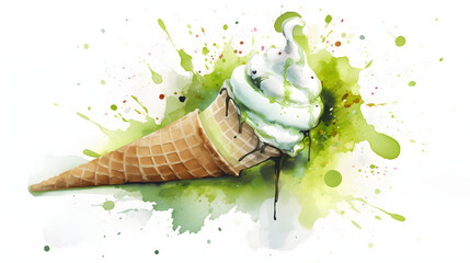 Naklejka premium Pistachio Ice Cream with splash watercolor