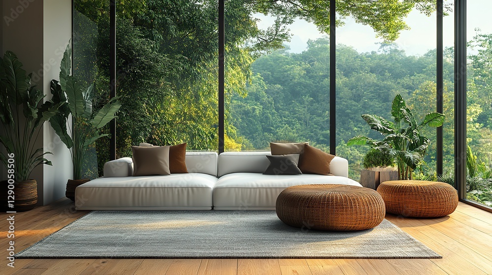 Poster interior design modern living room with white sofa wooden floor carpet and window with nature view 3
