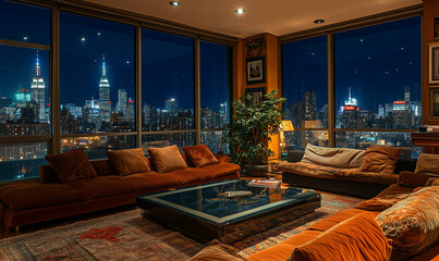 Naklejka premium Luxurious penthouse living room with floor-to-ceiling windows offering panoramic views and elegant design.