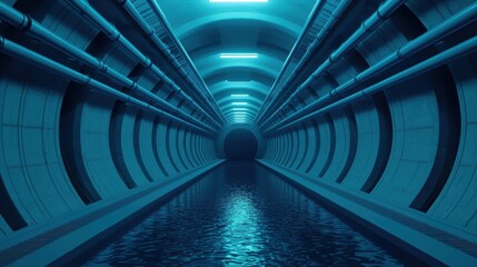 A futuristic tunnel with water and pipes. The tunnel is lit with blue lights.