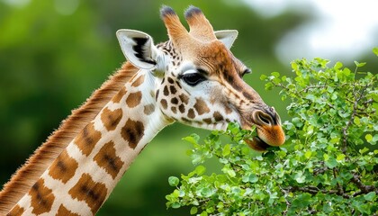 Obraz premium A close-up of a giraffe munching on lush green leaves, showcasing its distinctive long neck and beautiful spotted coat against a blurred natural background.