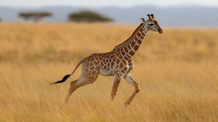 Young giraffe running through golden savanna