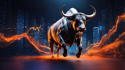 A powerful bull with large horns is depicted mid-leap against a backdrop featuring a glowing orange upward-trending line and abstract financial charts.