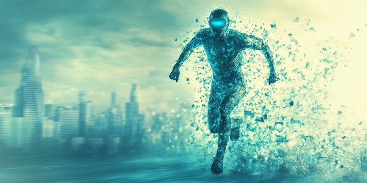 Futuristic runner disintegrates while sprinting through a city skyline